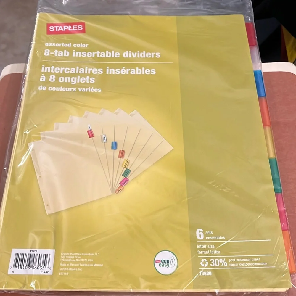 Staples assorted color 8-tab insertable dividers
